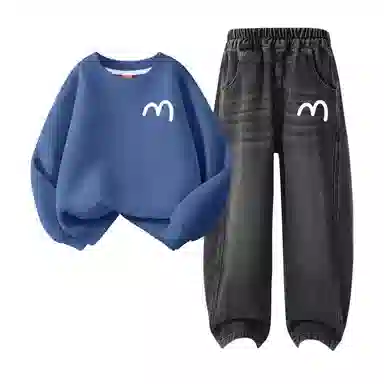 FAIRWHALE Casual Sports Set Basic Crewneck Sweatshirt Split Straight Pants Kids Autumn