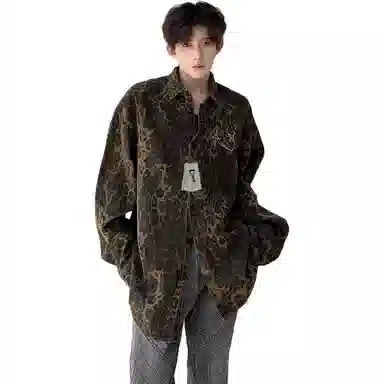 地界二 美式高街水洗豹纹夹克男潮牌嘻哈小众宽松休闲衬衣水洗豹纹牛仔外套 男款