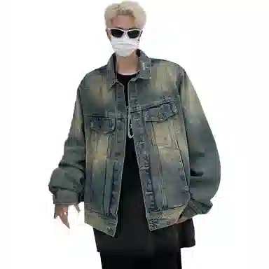 地界二 美式高街水洗做旧潮牌复古痞帅宽松翻领夹克水洗做旧复古痞帅纯色牛仔外套 男款