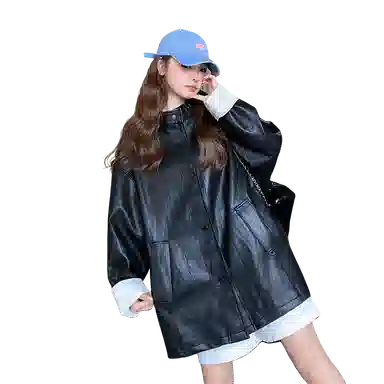 稻草人 复古立领中长款休闲宽松皮衣 女款