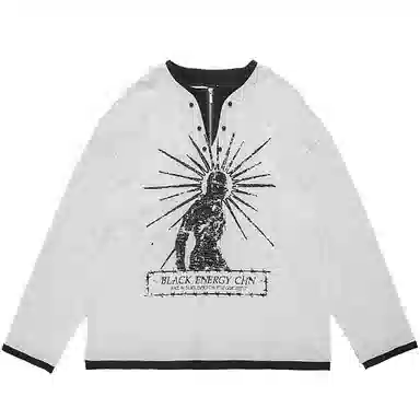 STRANGER LAB Vintage Henry Collar Printed Long Sleeve Tee