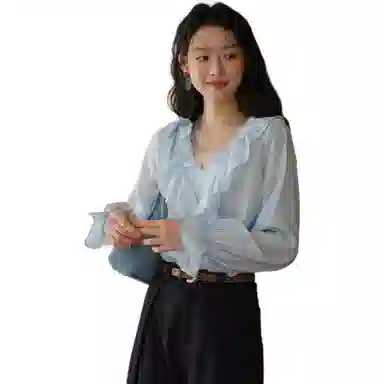 谜秀 蓝色荷叶边小衫衬衫 女款