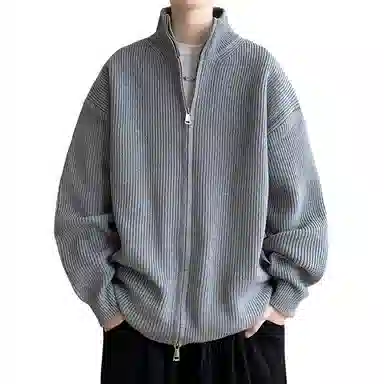 悍戈 美式复古纯色慵懒休闲双拉链立领开衫针织衫 男款