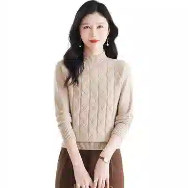 恒源祥 休闲简约气质时尚半高领纯色波浪纹路长袖针织衫 女款