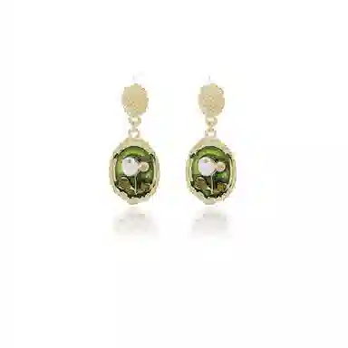 澜耀 绿绮画框 油画风法式 轻奢绿色耳饰 铜合金 耳环 女款
