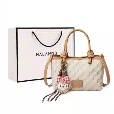 纳兰杜 通勤上班洋气高级感精致百搭 牛皮拼合成革 手提包 小号 女款 米白拼杏