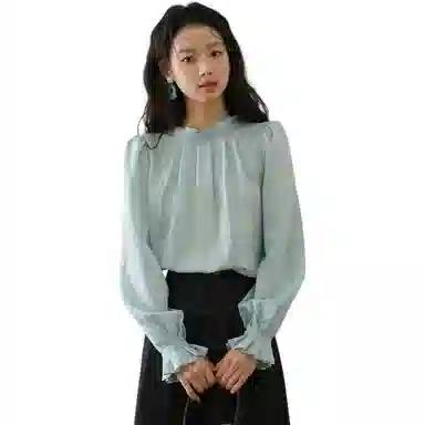 谜秀 蓝色提花肌理木耳边衬衫 女款