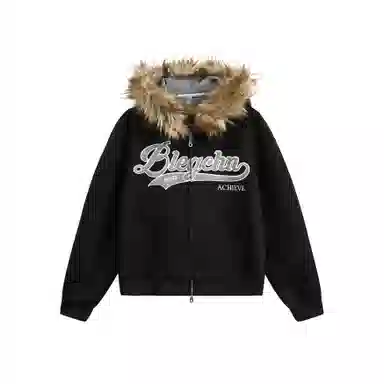 【dme】 美式复古字母刺绣印花毛领连帽开衫潮流宽松休闲百搭上衣卫衣 男女同款