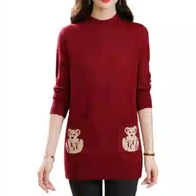 恒源祥 气质简约纯色印花半高领中长款长袖针织衫 女款