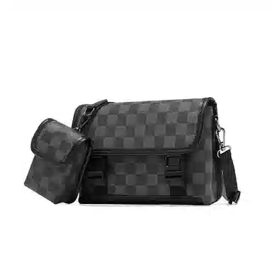 老人头 经典设计时尚个性潮流通勤格子休闲百搭小众设计斜挎邮差包 合成革 单肩包 常规 男款 黑色