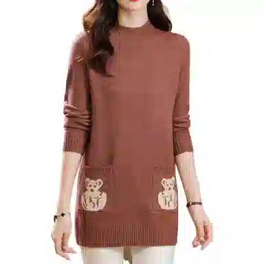 恒源祥 气质简约纯色印花半高领中长款长袖针织衫 女款