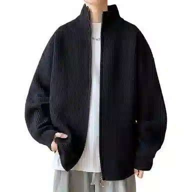 悍戈 美式复古纯色慵懒休闲双拉链立领开衫针织衫 男款
