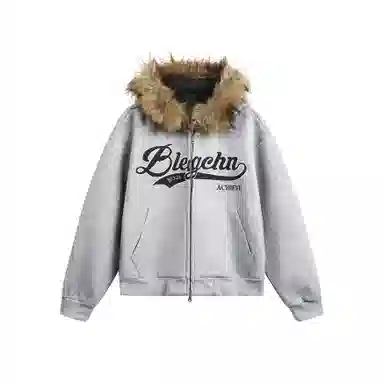 【dme】 美式复古字母刺绣印花毛领连帽开衫潮流宽松休闲百搭上衣卫衣 男女同款