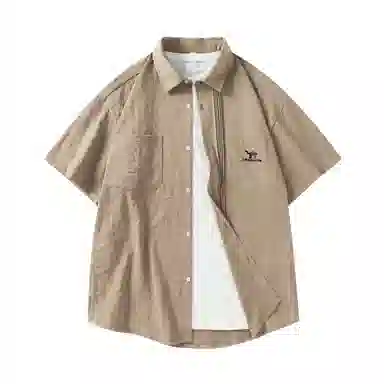 领航骆驼 时尚街头纯色简约印花基础款潮流百搭透气垂感翻领短袖衬衫  男女同款