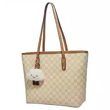 老人头 时尚简约小众设计印花百搭通勤托特包 合成革 单肩包 常规 女款 卡其色