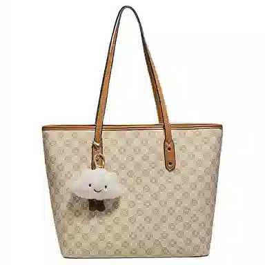 老人头 时尚简约小众设计印花百搭通勤托特包 合成革 单肩包 常规 女款 卡其色