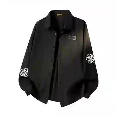 加菲猫家族 美式潮流时尚加菲猫卡通植物花卉印花百搭无性别主义落肩袖翻领衬衣叠穿春秋款日常通勤长袖少年感宽松上衣休闲外套衬衫 男女同款