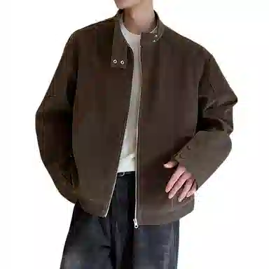 冈哉 美拉德麂皮皮上衣解构拼接立领设计美式复古高街痞帅休闲做旧纯色垂感小众夹克外套 男女同款