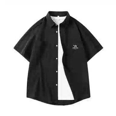 领航骆驼 时尚街头纯色简约印花基础款潮流百搭透气垂感翻领短袖衬衫  男女同款