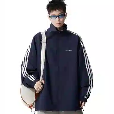 半空山 美式复古高街双面穿撞色格子三条杠潮流时尚百搭夹克 男女同款