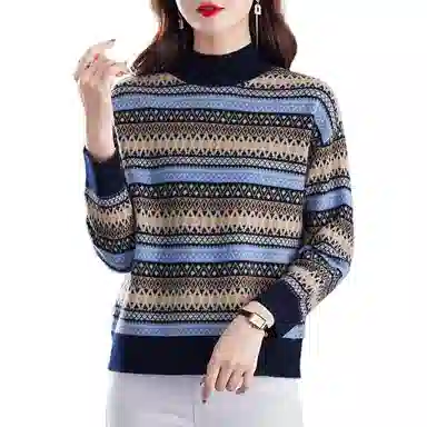 袋鼠 舒适柔软复古条纹印花百搭减龄半高领羊毛针织衫 女款