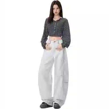 淑好百 拼接撞色秋季宽松休闲高腰牛仔裤 女款