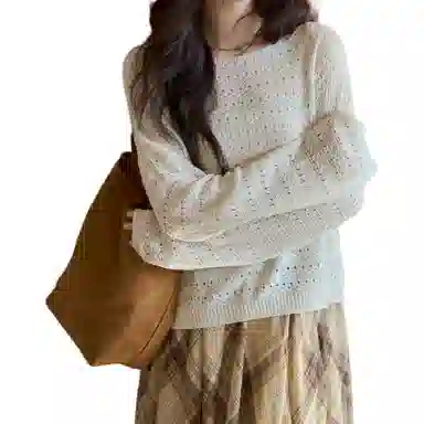 谜秀 奶油白仿麻镂空针织衫 女款