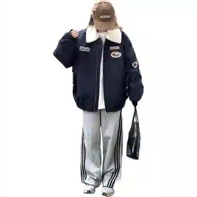 邓大喵 美式加棉加厚外套女秋冬翻领拼色绣标宽松保暖棉服棒球服 女款