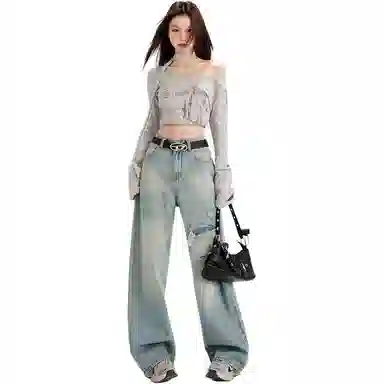 淑好百 复古水洗磨损高腰牛仔裤 女款