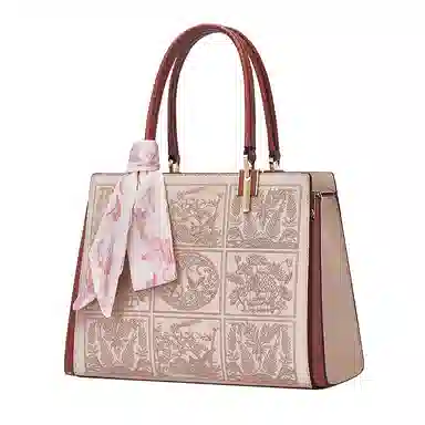 老人头 新中式国风刺绣高级质感优雅气质实用百搭通勤大容量妈妈款母亲高颜值女士 牛皮拼超纤 女包单肩包托特包斜挎手提包 女款 杏红色