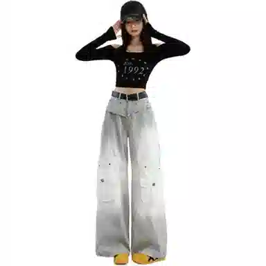 淑好百 宽松扎染设计感显瘦高腰牛仔裤 女款