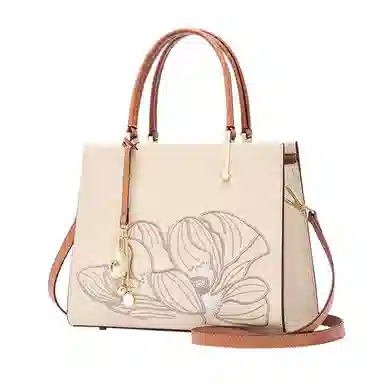 老人头 新中式国风刺绣优雅大气实用通勤百搭大容量高级感妈妈款母亲女士 牛皮拼超纤 女包单肩包托特包斜挎手提包 女款 杏色