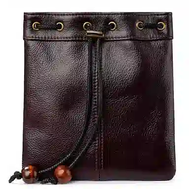 掐尖 复古福袋串珠抽绳束口 真皮 零钱包 男女同款情侣款 深棕色
