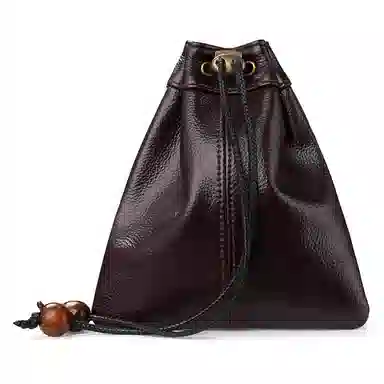 掐尖 复古福袋串珠抽绳束口 真皮 零钱包 男女同款情侣款 深棕色