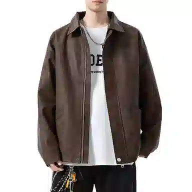 冈哉 美式复古纯色机场皮上衣时尚潮流翻领宽松休闲舒适百搭情侣日常皮衣外套 男女同款