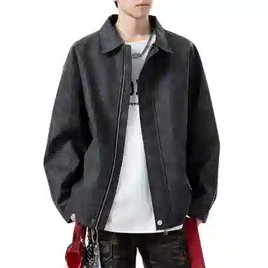 冈哉 美式复古纯色机场皮上衣时尚潮流翻领宽松休闲舒适百搭情侣日常皮衣外套 男女同款