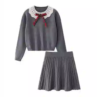 桴生 甜美减龄蝴蝶结娃娃领学院风两件套上衣裙子裙装套装 女款