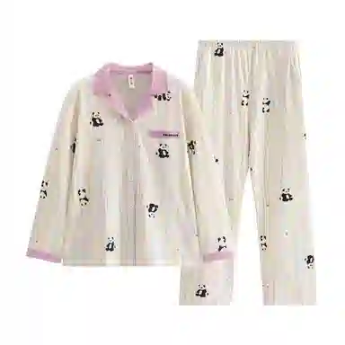 芬腾 女士春秋季纯棉长袖长裤彩色条纹熊猫开衫家居服睡衣套装 女款