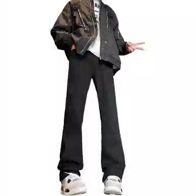 八哥 美式复古高街【弯刀黑牛】简约基础款水洗做旧中腰系带修身纯色直筒阔腿百搭弹力黄泥染薄款微喇牛仔裤 男女同款