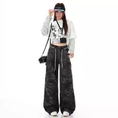 淑好百 复古迷彩多口袋休闲高腰牛仔裤 女款