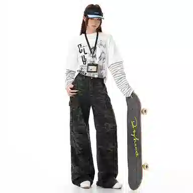 淑好百 复古迷彩多口袋休闲高腰牛仔裤 女款