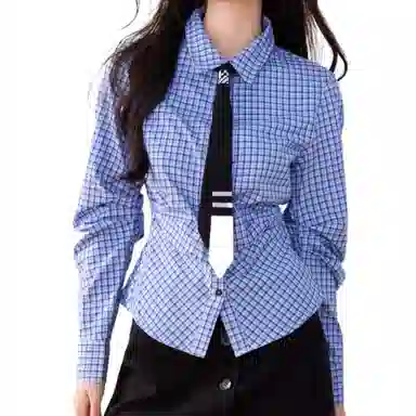 兰缪 设计感时尚气质收腰格子长袖衬衫 女款