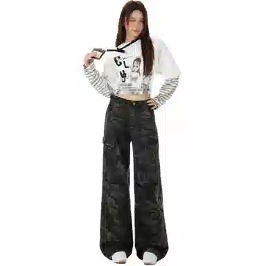 淑好百 复古迷彩多口袋休闲高腰牛仔裤 女款