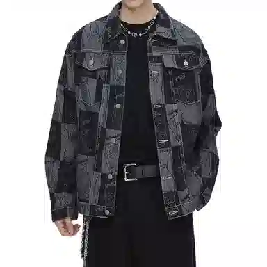 Gangzai Cartoon Jacquard Colorblock Denim Jacket