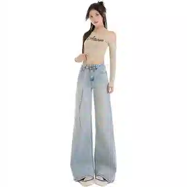 淑好百 弹力宽松阔腿休闲高腰牛仔裤 女款