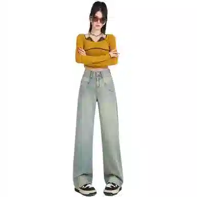 淑好百 复古阔腿口袋设计高腰牛仔裤 女款