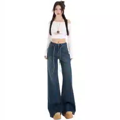 淑好百 弹力宽松阔腿休闲高腰牛仔裤 女款