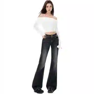 淑好百 修身显瘦拖地高腰牛仔裤 女款