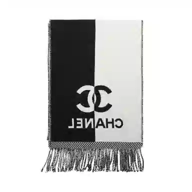 CHANEL Logo Print Fur Scarf Black White