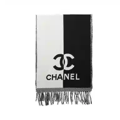 CHANEL Logo Print Fur Scarf Black White